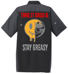 Show details for Halfedass - Take it Easy Stay Greasy - Shop Shirt Picture of Halfedass - Take it Easy Stay Greasy - Shop Shirt